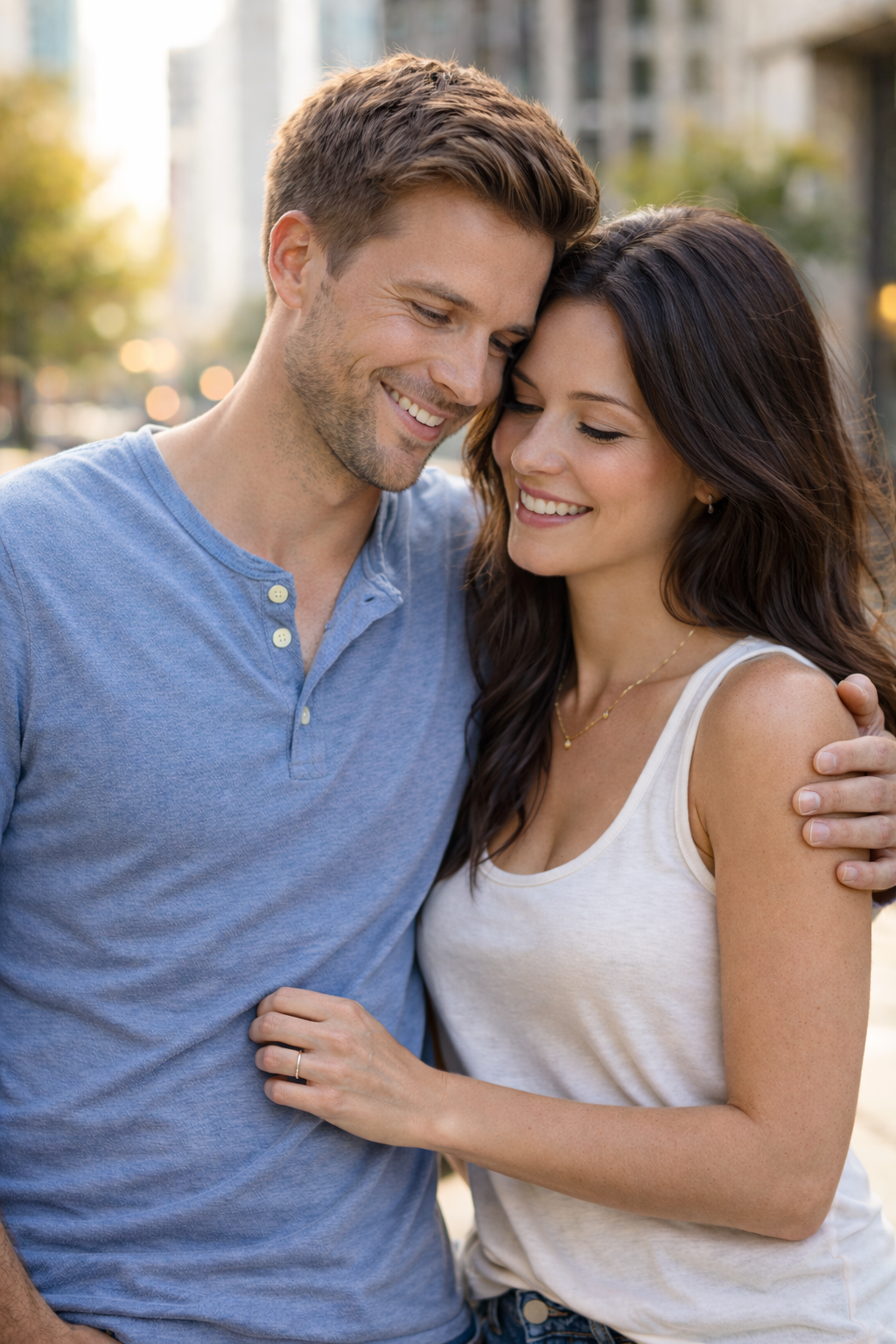 Happy couple embracing in a warmly lit, elegant interior